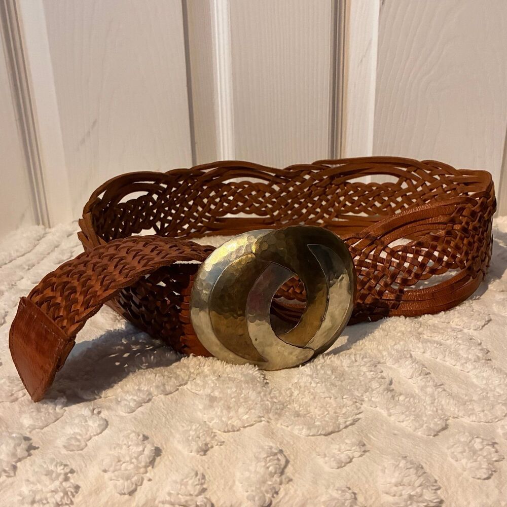Chico’s Woven Brown Leather Wide Waist Belt Boho Western Belt Size Medium/Large